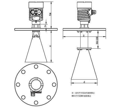 喇叭(ba)天線(xian)雷達(da)物位(wei)計外(wai)型尺(chi)寸圖(tu)